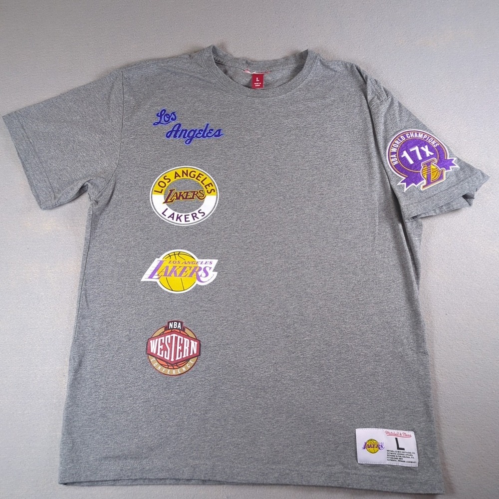 Mitchell & Ness Lakers Shirt Mens Large Gray Embroidered NBA World Champions